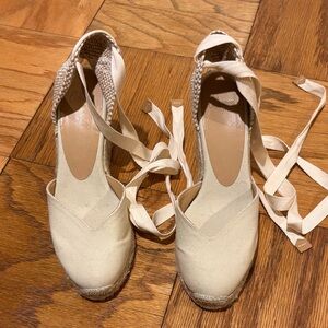 Castaner Canvas Espadrille Ankle-Tie Wedge - Cream